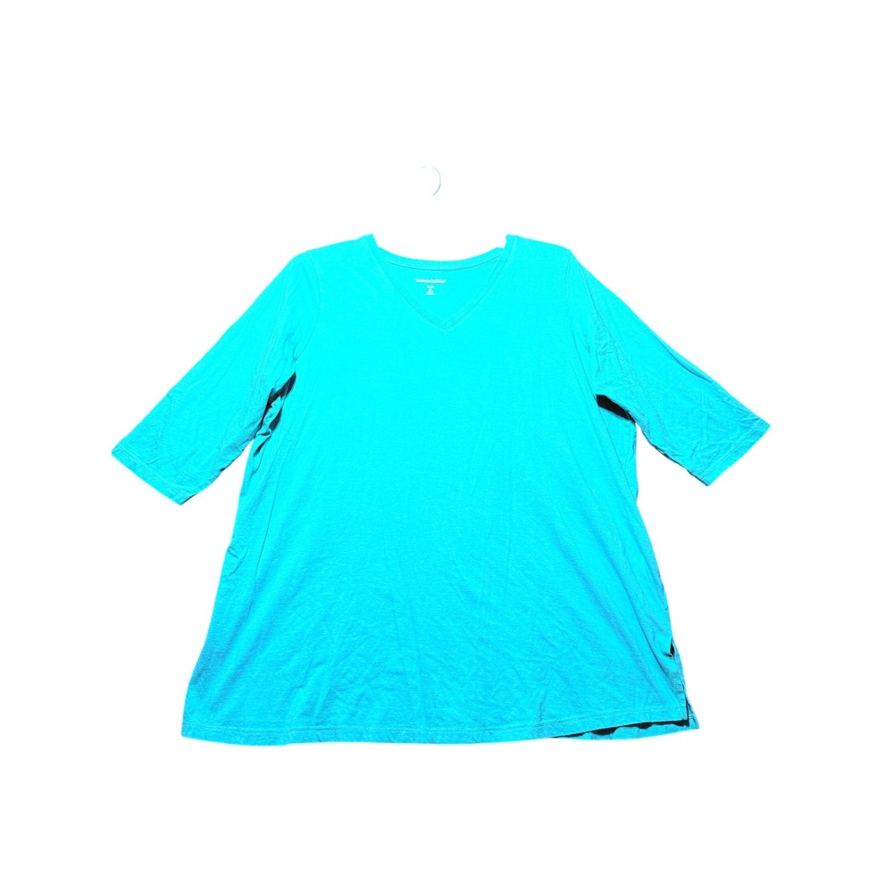 Woman Within V-Neck‎ T-Shirt Women 1X Blue Excellent 3/4 Sleeve Cotton